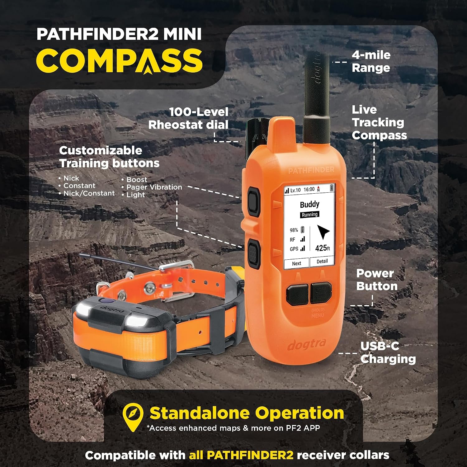 dogtra-pathfinder2-mini-compass-live-gps-dog-tracking-training-system-4-mile-range-e-collar-handheld-with-no-subscription-offline-maps-gps-fence-expandable-up-to-21-dogs-for-dogs-15-lbs