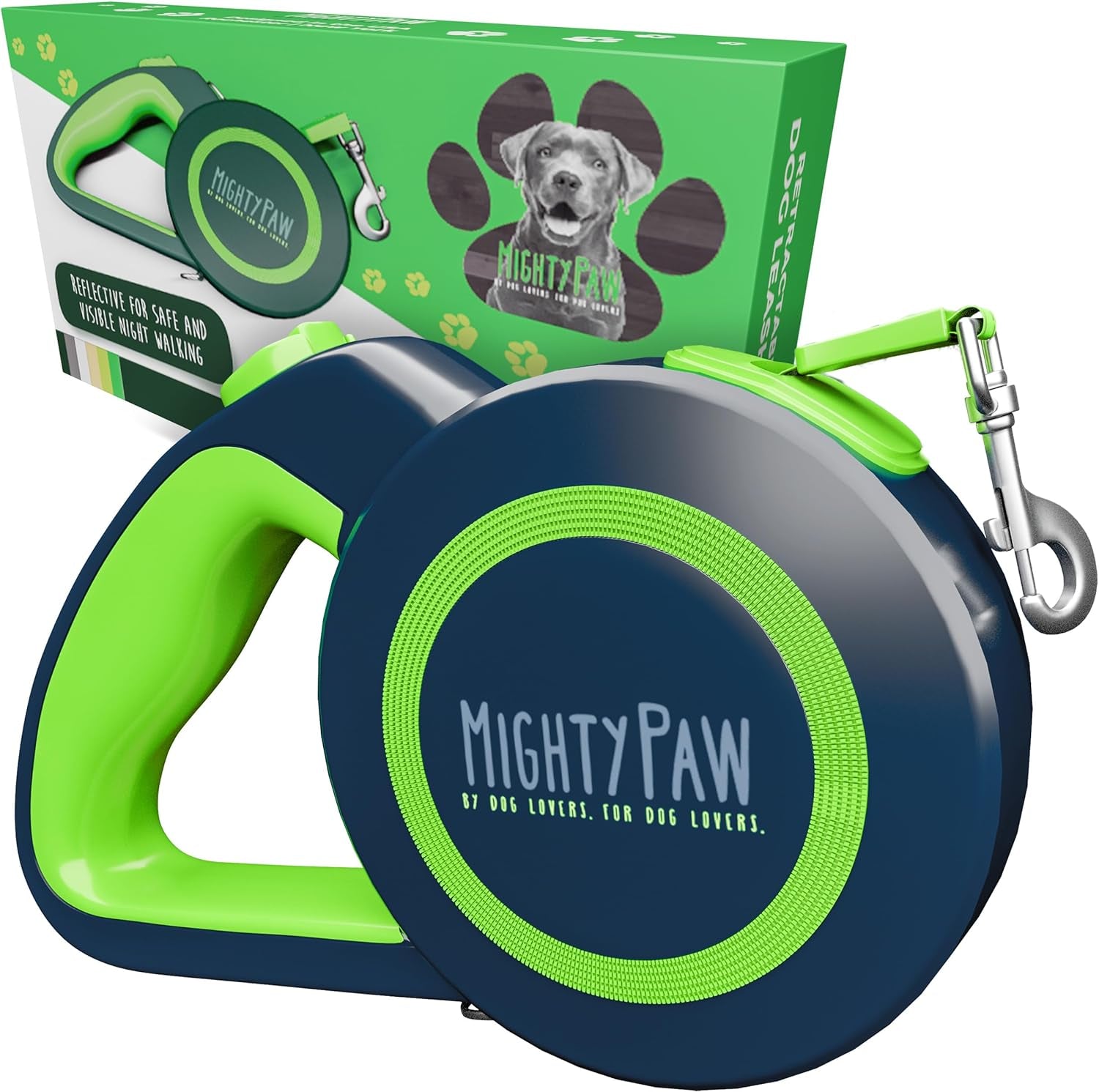 mighty-paw-retractable-dog-leash-2-0-16-ft-for-medium-dogs-heavy-duty-reflective-nylon-tape-tangle-free-swivel-clip-one-touch-quick-lock-brake-reflective-ring-anti-slip-handle