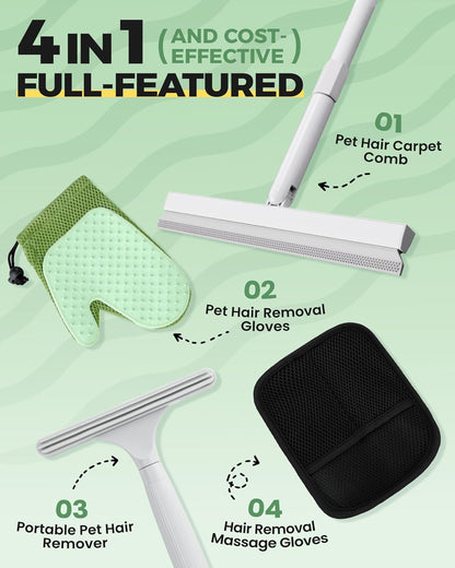 Carpet Rake for Pet Hair Removal Tool - 4 in 1 Pet Hair Remover Kit for Dog Cat Fur Remover, Contain 60" Adjustable Rubber Broom, Glove, Magic Brush and Scraper for Furniture,Short Pile Carpets, Mats9