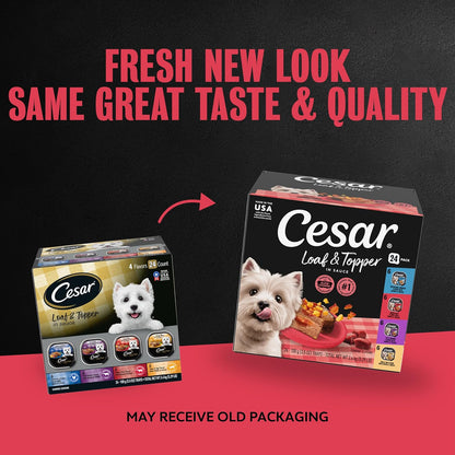 Cesar Loaf & Topper Wet Dog Food, Variety Pack, 3.5 Oz, 24 Count | Real Meat #1 Ingredient, No Fillers or Artificial Flavors, Easy-To-Digest, Slow-Cooked Tender Texture, Easy Peel Trays2