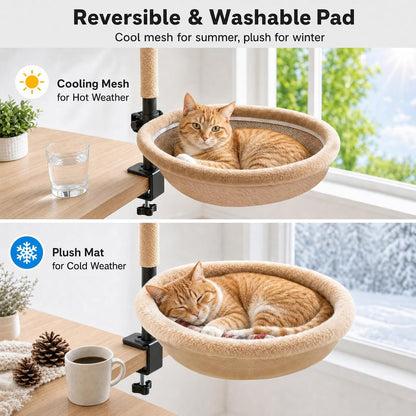 Cat Desk Bed with Scratching Post Clamp on 360 Rotating Camel | Adjustable Height, Reversible Machine Washable Cover, Alloy Steel Frame, Space Saving Perch, Supports Cats up to 45 Pounds6