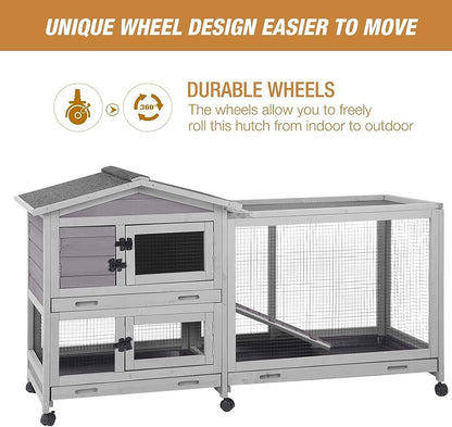 Bunny Cage Indoor and Outdoor Rabbit Hutch with Casters Waterproof Roof, Pull Out Tray from Back and Front 61.2" L X 22.6" W X 33.5" H3