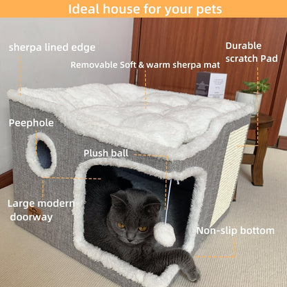 Cat Bed for Indoor Cats,Covered Cat Cave House & Furniture with Scratch Pad,Foldable Cat Hideaway Hut Cute Cat Condo with Soft Washable Mat for Multi Small Pet under 30 Lbs,Light Grey3
