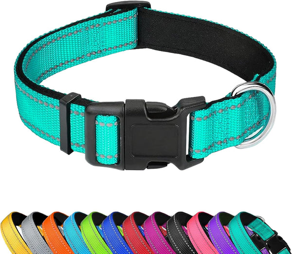 Reflective Dog Collar, Adjustable Soft Neoprene Padded,Teal,M | Breathable Nylon for Medium Dogs,Tear-Resistant Webbing,Chafe‑Free on Walks and Hikes,Metal D-Ring,Night Safety1