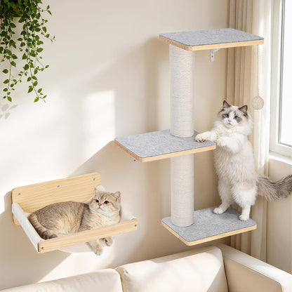 Wall Mounted Cat Shelves Set with Hammock | Sisal Scratching Posts, 3 Wooden Steps, Space-Saving Cat Tree, for Indoor Cats up to 30 Lbs1