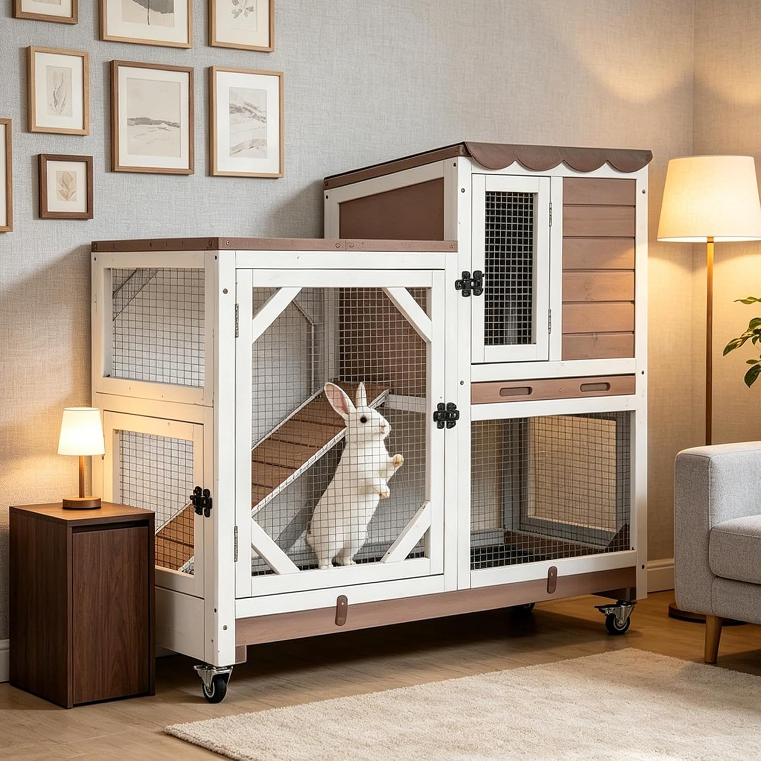 gutinneen-wooden-duplex-rabbit-cage-on-wheels-with-chew-proof-ramp-grey-4-mobile-swivel-casters-2-story-design-waterproof-rain-cover-5-access-doors-2-sliding-trays