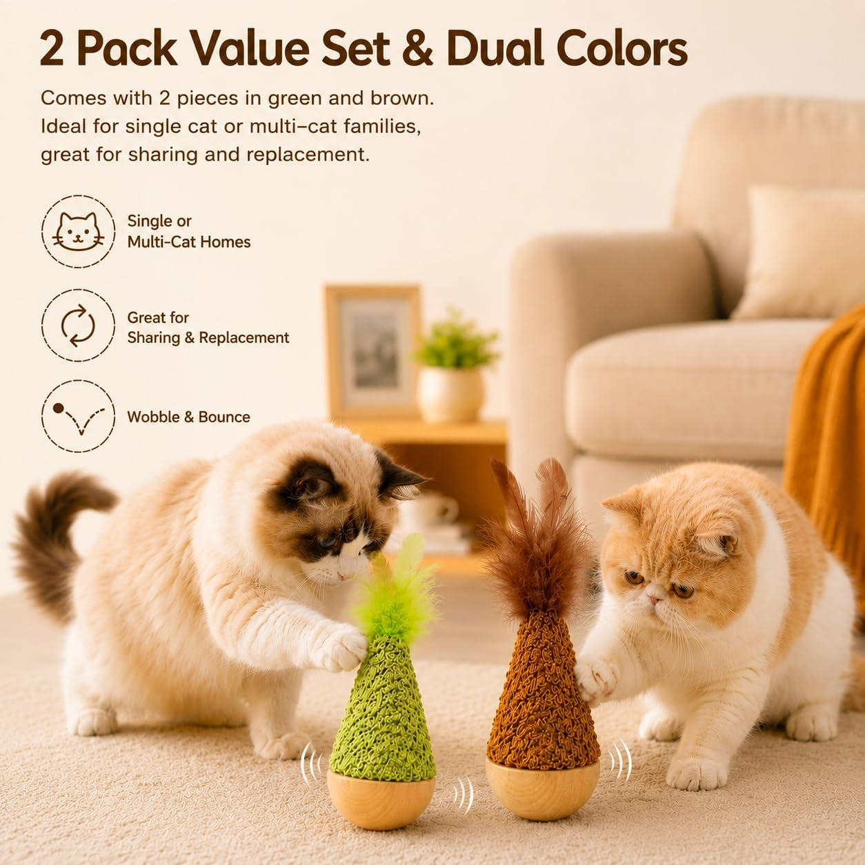2-pack-interactive-self-righting-wobble-cat-toy-with-feather-fluffy-plush-wooden-tumbler-for-bored-adult-indoor-cats-silent-self-play-cat-enrichment-toy-green-brown