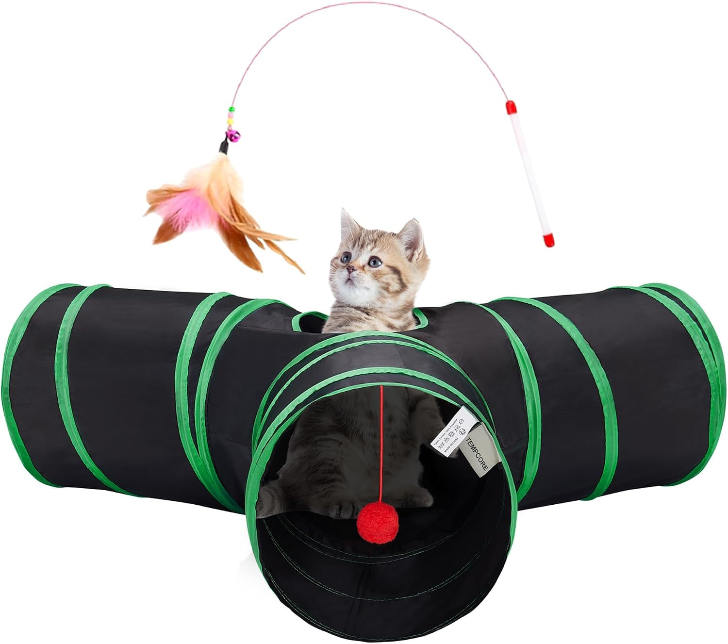 tempcore-pet-cat-tunnel-tube-toys-3-way-collapsible-tunnels-for-indoor-cats-interactive-tube-with-teaser-wand-peek-holes-hanging-ball-black-blue