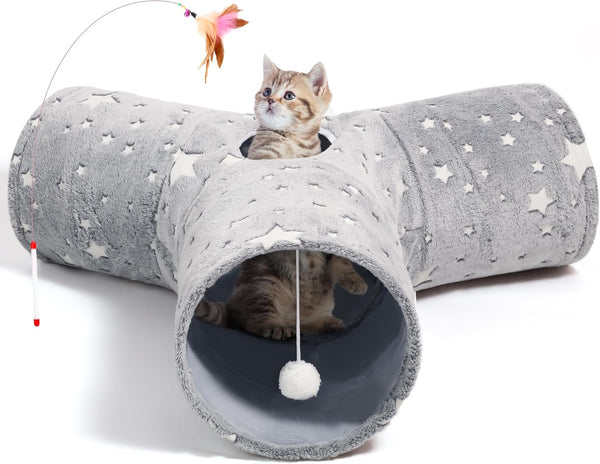 Tempcore Pet Cat Tunnel Tube Toys 3 Way Collapsible, Tunnels for Indoor Cats, Interactive Tube with Teaser Wand, Peek Holes & Hanging Ball, Black & Blue27