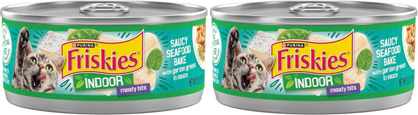 Purina Friskies Indoor Cat Food Meaty Bits Saucy Seafood Bake with Garden Greens in Sauce - (Pack of 24) 5.5 Oz. Cans12