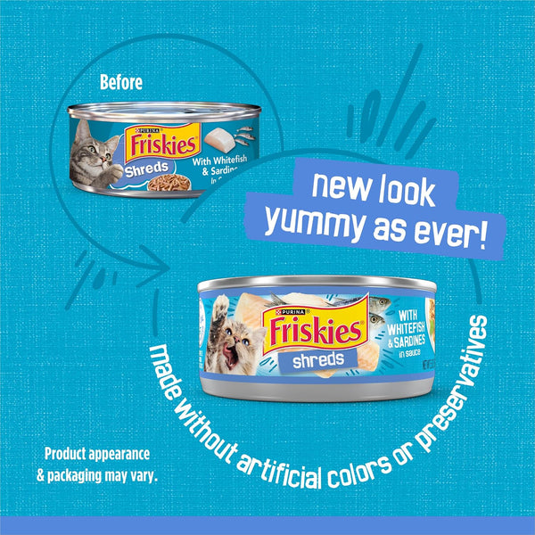 Purina Friskies Wet Cat Food, Shreds with Whitefish & Sardines in Sauce - (Pack of 24) 5.5 Oz. Cans2