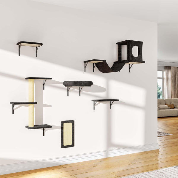12-In-1 Cat Wall Shelves, Wall Mounted Cat Climber | with Condo House, Scratching Post, Bridge Ladder, Space-Saving Indoor Play Furniture for Kittens, Black6