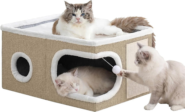 Cat Houses for Indoor Cats, Large Covered Cat Cave Beds & Furniture with Scratch Pad and Fluffy Ball,Foldable Cat Hideaway for Kitten,16X16X13 Inches, Grey8