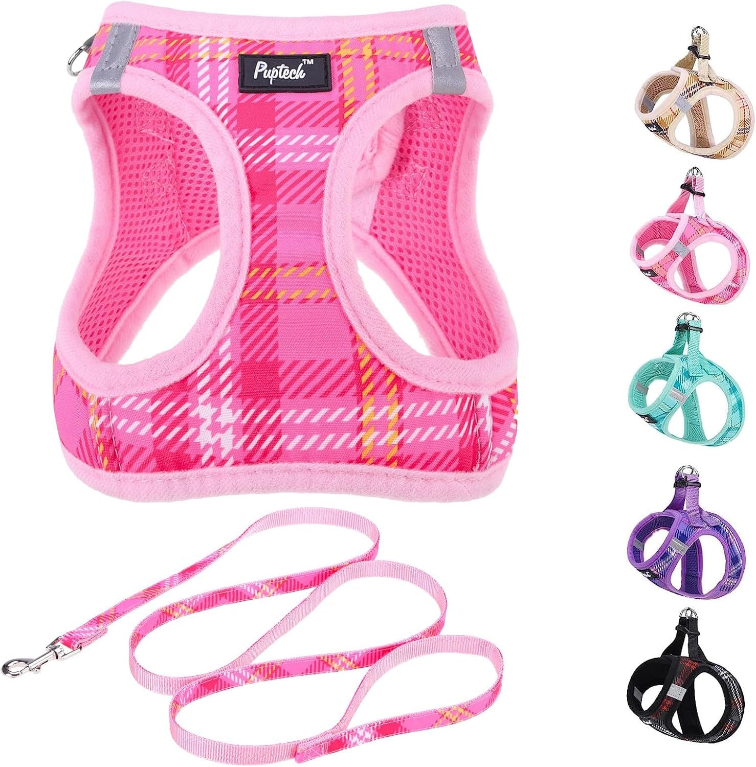 pupteck-dog-harness-and-leash-set-for-small-medium-dogs-no-pull-step-in-soft-mesh-puppy-cat-vest-harnesses-reflective-at-night-green-s