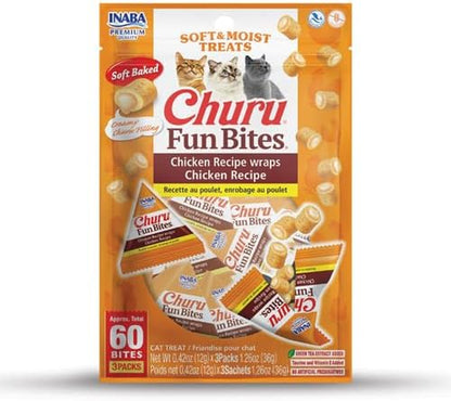 INABA Churu Fun Bites for Cats, Soft & Chewy Baked Chicken Wrapped Filled Cat Treats with Taurine, 0.42 Ounces Each Tetra, 12 Tetras, 4 Flavor Variety Pack12