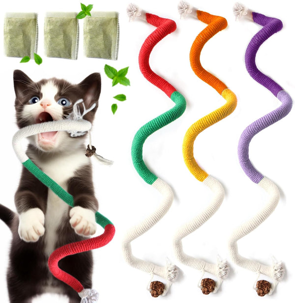 Cat Toys for Indoor Cats, Kitten Toys for Indoor Kittens, Catnip Rope Chew Toys for Teeth Cleaning, Interactive Cat Teething Toy, Kitty Kicker Toy, 3 Pack (Plus 1 Pouch of Catnip)8