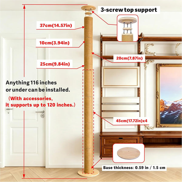 Floor to Ceiling Cat Scratching Post Tree, Adjustable Height 40In-120In Tall PVC Cat Climbing Pole, Sturdy Cat Activity Tower for Indoor Cats to Climb, Scratch & Play2