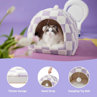 Lesure 2In1 Cute Cat House for Kitten with Washable Cushioned Pillow,16In | Cat Beds for Indoor Cats,Small Pet Cave Tent,Cozy Enclosed Foldable Hideaway,Fluffy Ball,Anti Slip Bottom,Hand Strap,Purple5