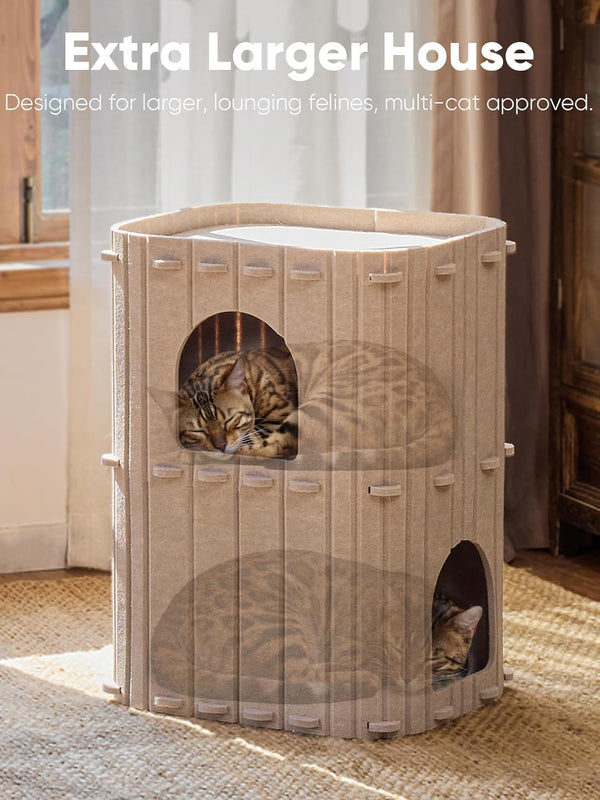 FUKUMARU Cat House for Indoor Cats, Warm Felt Cat Bed, Scratch Resistant | Large Cat Bed Cave, 3-In-1 Cat Condo, Cozy Felt Covered Cats Tunnel, 23.62 Inch Kitten Hideaway for Multicats, Beige4