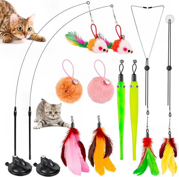 Cat Toys, 2 Pack 3 in 1 Interactive Cat Toy for Indoor Cats with Sticky Super Suction Cup Detachable 10 Pcs Replacements Feathers Balls Mice 2 Wand Hanging Door Kitten Toys1