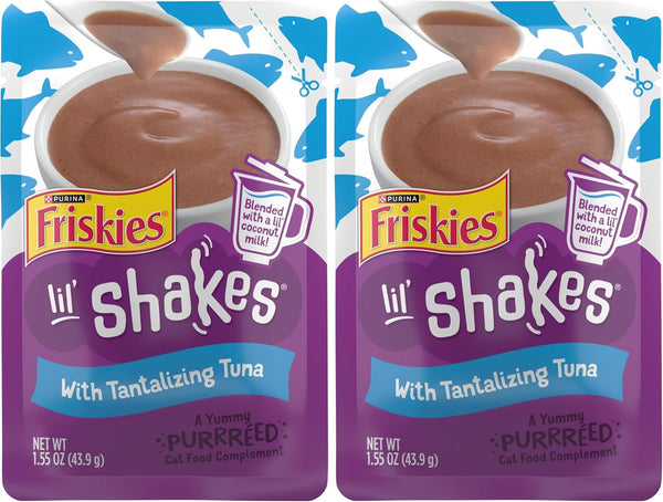Purina Friskies Pureed Cat Food Topper, Lil’ Shakes with Tantalizing Tuna Lickable Cat Treats - (Pack of 16) 1.55 Oz. Pouches15