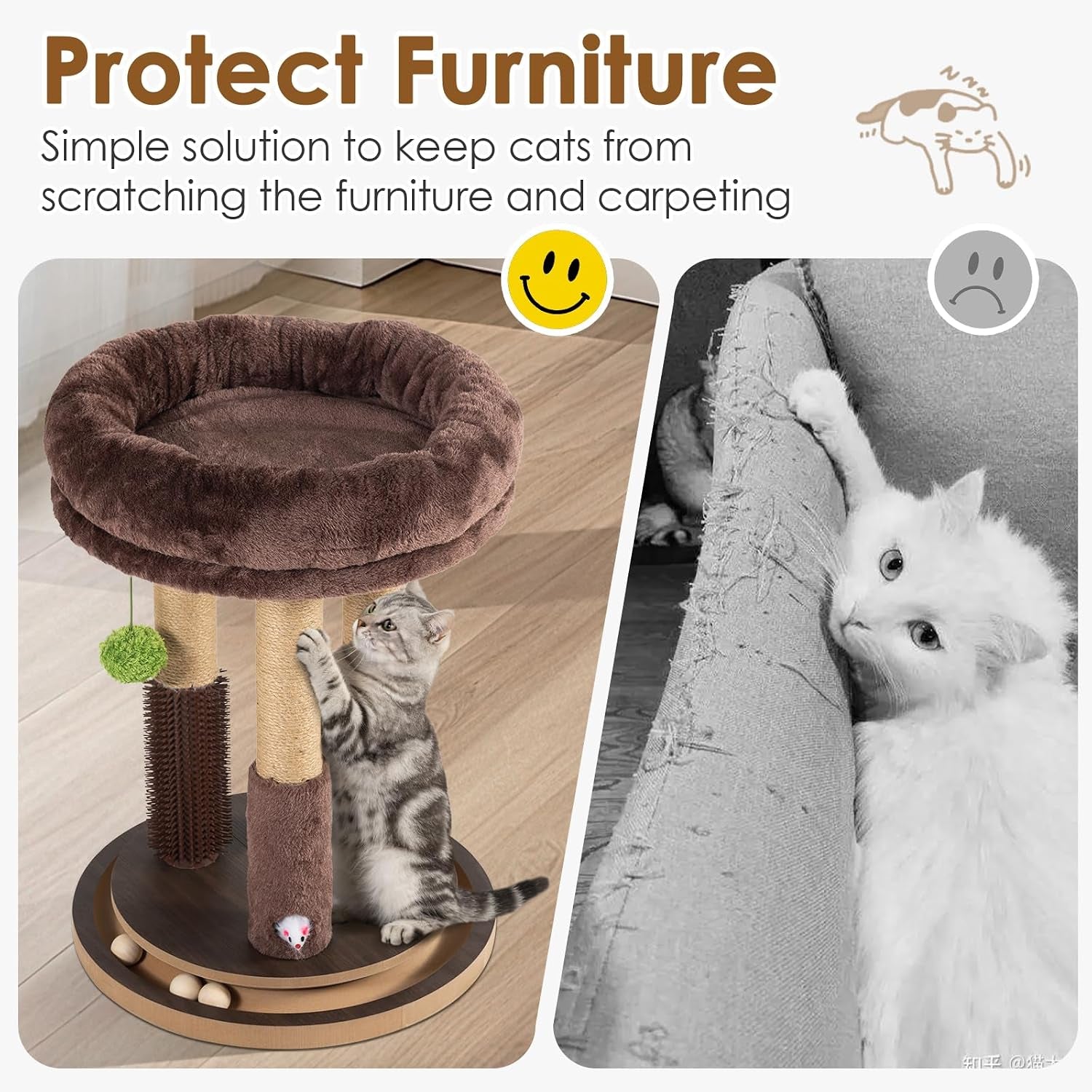 22-inch-heavy-duty-cat-scratching-post-with-cozy-plush-bed-3-sisal-scratching-posts-interactive-cat-scratcher-with-grooming-brush-hanging-pom-pom-track-balls-mouse-toy-for-indoor-cats