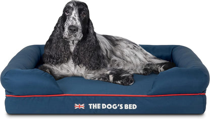 The Dog’S Bed Orthopedic Memory Foam Dog Bed with Bolsters for Large Dogs, High Density Support Mattress, Low Front Entry, Removable Washable Cover, Oxford Fabric, Blue with Dark Red Trim, Large38
