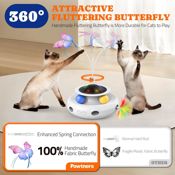 Pawtners Interactive Cat Toy, 4 in 1 Automatic Interactive Kitten Toys for Indoor Cats Rechargeable with Fluttering Butterfly, Track Balls and Ambush Feather4