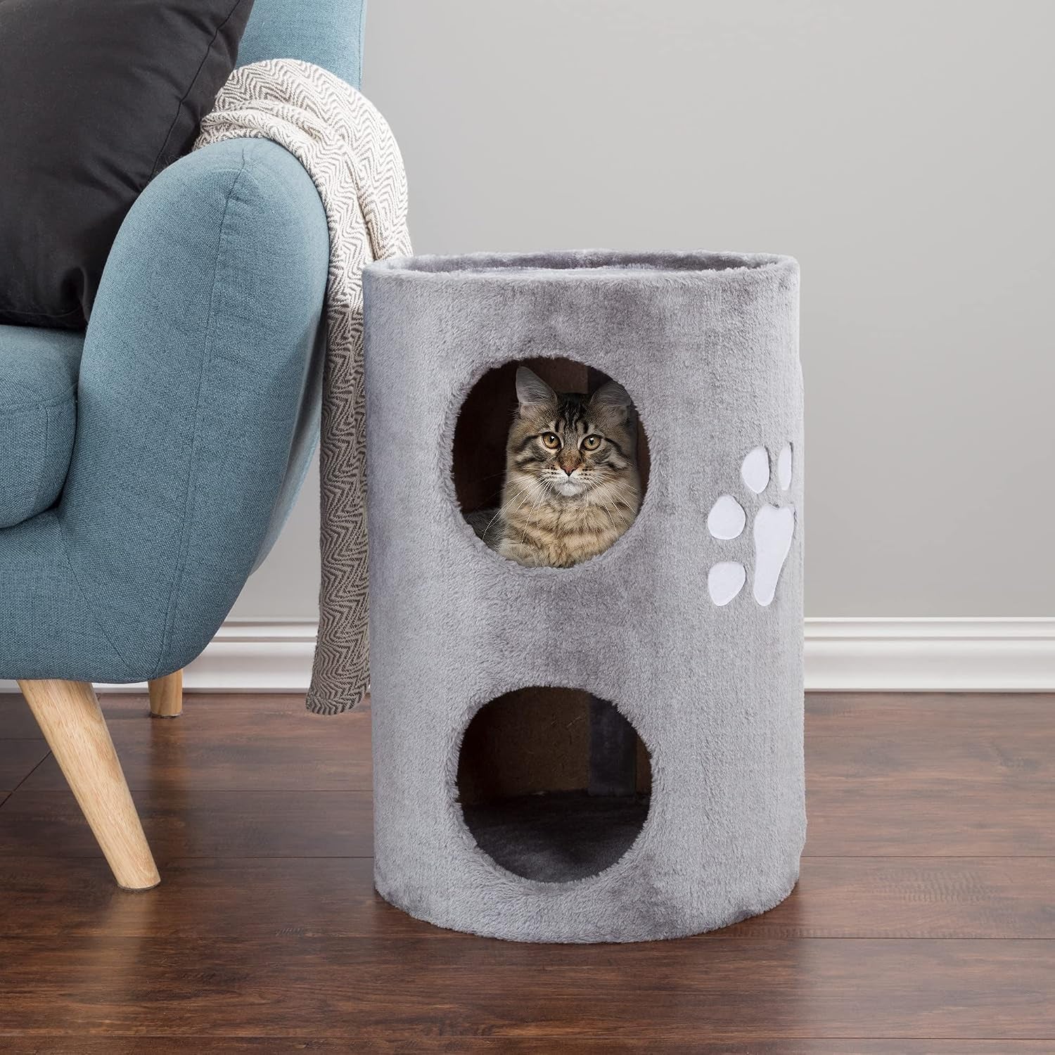 20-5-inch-cat-condo-2-story-cat-house-with-sisal-scratch-pad-barrel-shaped-pet-house-covered-in-soft-fabric-by-petmaker-gray