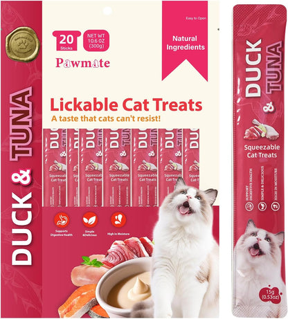 Pawmate Lickable Tuna & Duck Cat Treats, High Moisture Wet Cat Squeeze | Urinary Health & Hydration, Creamy Cat Puree for Kittens & Adult Cats, Grain-Free, 20 Tubes X 15G1