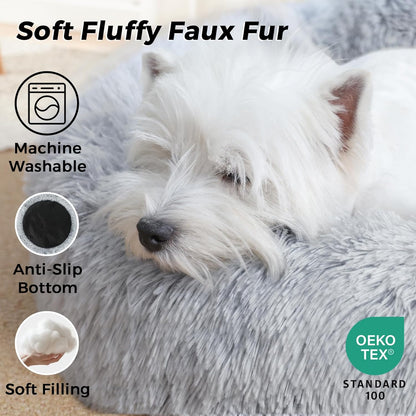 Calming round Dog Bed & Cat Bed for Indoor Cats, Medium Size Washable Anti-Slip Anti-Anxiety Donut Dog Beds for Small Dogs & Cats, Fluffy Plush Soft Dog Bed(20 Inch, Light Grey)3