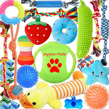 Aipper Dog Toys 25 Pack for Fun and Teeth Cleaning, Puppy Chew Toys Pack with Squeak Plush Toy,Squeaky Toy Balls,Tug of War and Rope Toys for Puppy to Small Dogs1
