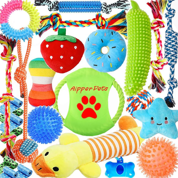 Aipper Dog Toys 25 Pack for Fun and Teeth Cleaning, Puppy Chew Toys Pack with Squeak Plush Toy,Squeaky Toy Balls,Tug of War and Rope Toys for Puppy to Small Dogs1