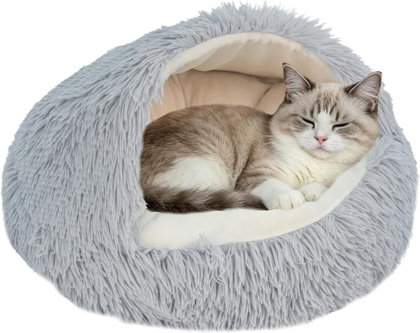 Cat Cave for Indoor Cats,Fluffy Hooded Enclosed Pet Bed for Small Dogs | 24 Inch Washable Dog Bed for Puppy and Kitten with Anti-Slip Bottom,Anti Anxiety,Light Grey1