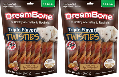 Dreambone Triple Flavor Twisties Dog Treats, Daily Rawhide-Free Chew, Digests Safely, with Real Protein, Beef, Pork, Chicken and Veggies, 25 Count11