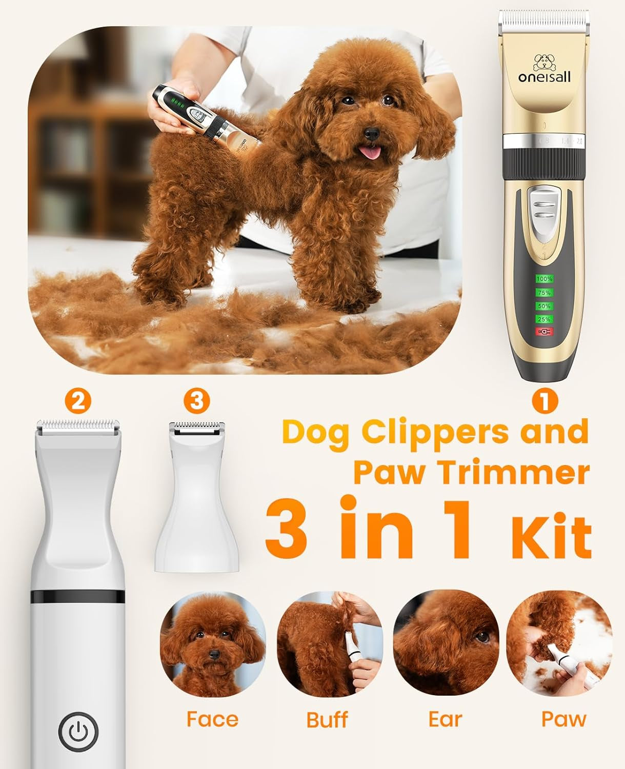 oneisall-dog-clippers-and-paw-trimmer-kit-for-small-large-dogs-cats-low-noise-powerful-motor-cordless-long-battery-life-simple-for-beginners-6-guide-combs-removable-rinsable-blade