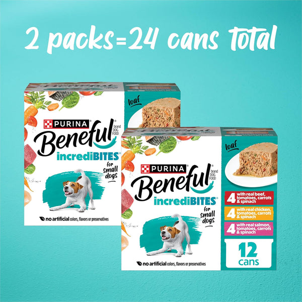 Purina Beneful Small Breed Wet Dog Food Variety Pack, Incredibites Loaf, Chicken, Beef and Salmon Flavors - (2 Packs of 12) 3 Oz. Cans3