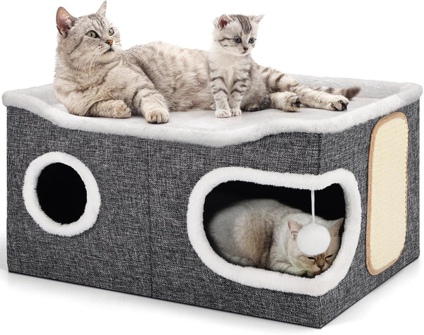 Shikha Cat House Bed for Indoor Cats with Fluffy Ball and Scratch Pad Grey | Foldable Large Cat Cave Hideaway with Cozy Condo, Hide and Seek Window, Holds up to 30LBS, All Season Reversible Cushion18