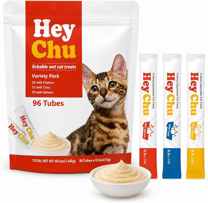 Lickable Cat Treats, Grain-Free Wet Topper, 96 Tube Variety Pack | Tuna, Salmon and Chicken Puree for Kittens, Senior and Picky Cats. Squeezable Creamy Churu Style Tube Snack, High Moisture1