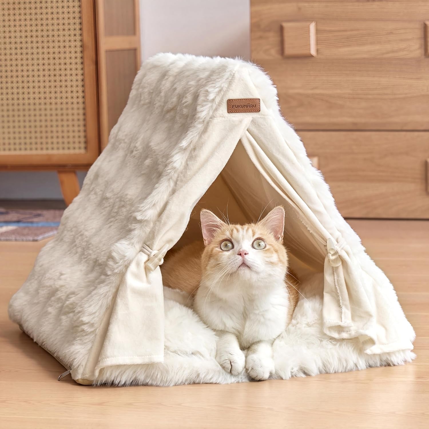 fukumaru-cat-cave-bed-sturdy-frame-washable-cat-tent-bed-with-curtain-semi-enclosed-cat-hideaway-for-anxious-cats-large-cozy-cat-house-for-indoor-cats-soft-plush-covered-dog-bed-cream