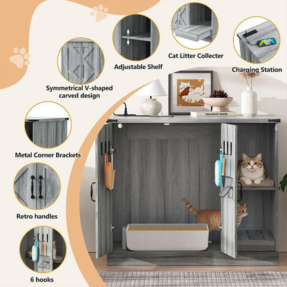 Large Cat Litter Box Enclosure Furniture with Litter Collector, Hidden Litter Box Cabinet with Storage Shelves & Power Outlet, Wooden Cat House Cat Washroom for Automatic Litter Box3