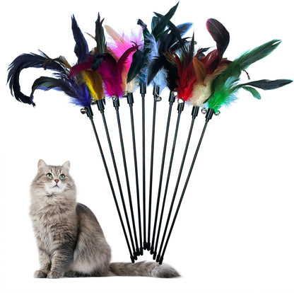 Cat Feather Wand Toys 10-Pack with Bell Indoor Kittens | Natural Feather Teaser with Bell.Interactive Wand Toy Durable Construction Withstands Active Play.1