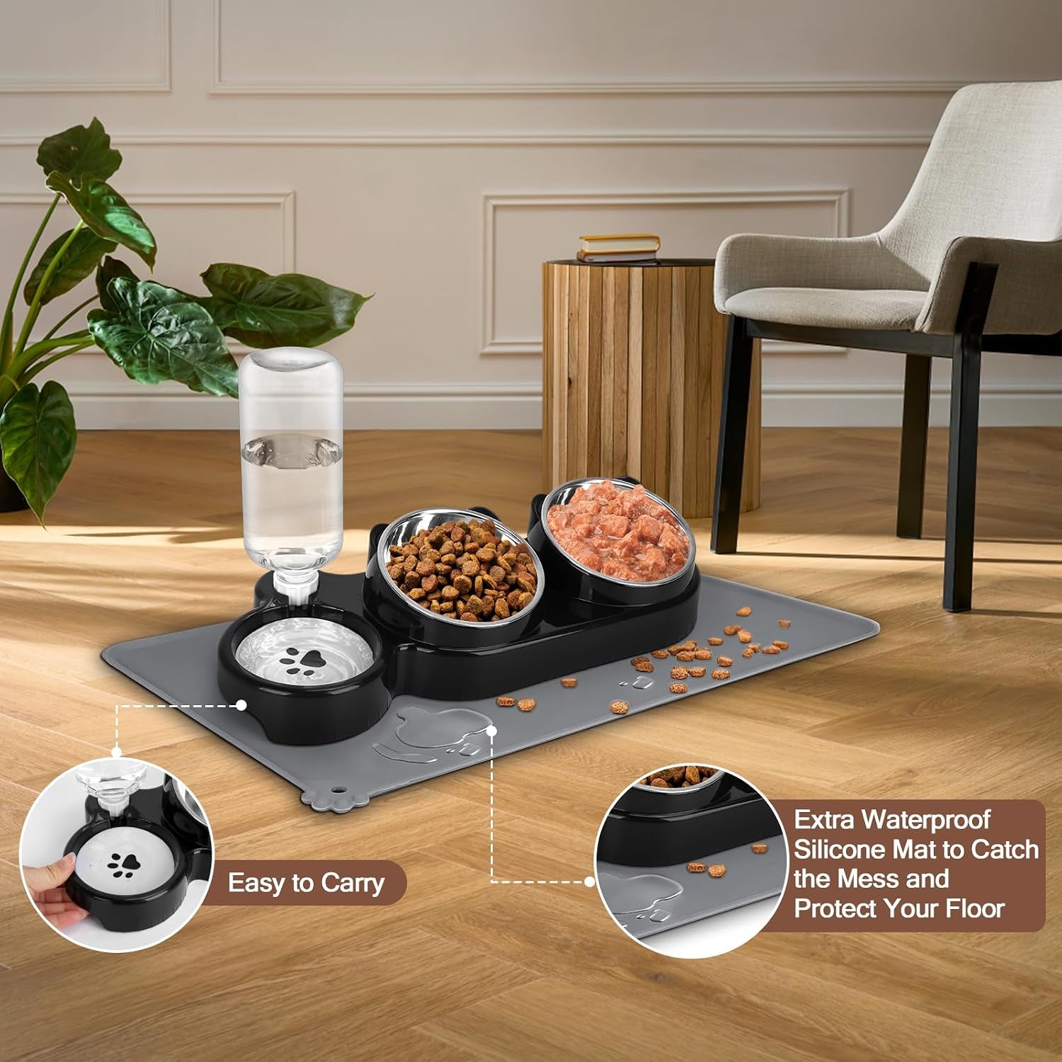 cat-food-and-water-bowl-set-stainless-steel-raised-cat-bowls-with-automatic-water-bottle-waterproof-mat-for-cats-puppies-3-in-1-pet-feeding-station-for-wet-dry-food-black