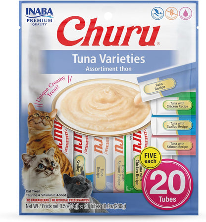 INABA Churu Cat Treats, Lickable, Squeezable Creamy Purée Cat Treat with Green Tea Extract & Taurine, 0.5 Ounces Each Tube, 20 Tubes, Tuna Variety1