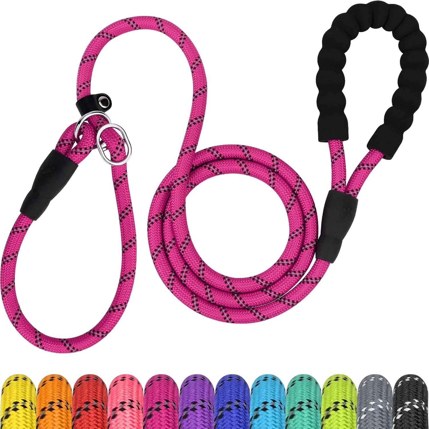tagme-slip-lead-for-dogs-no-pull-training-leash-padded-handle-hot-pink-braided-climbing-rope-reflective-stitching-6-ft-fits-small-to-large-dogs-up-to-250-lbs-cushioned-grip-no-leash-burn