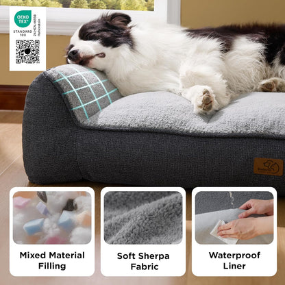 Bedsure Supportmax™ XL Orthopedic Dog Beds Large Sized Dog - Extra Thick Supportive Dogs Couch with Waterproof Washable Cover, Extra Large Comfort Pet Sofa with Soft Sherpa & Nonskid Bottom, Grey, 42"5