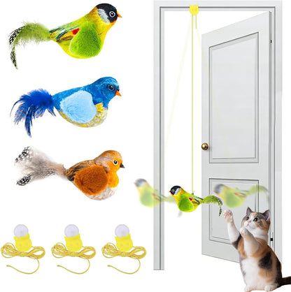 Shudyear 3 Pack Interactive Cat Toys with Chirping Bird Sound – Door Frame Cat Toy Hanging Teaser, Automatic Cat Door Toy for Indoor Cats, Feather Toy for Bored Cats1