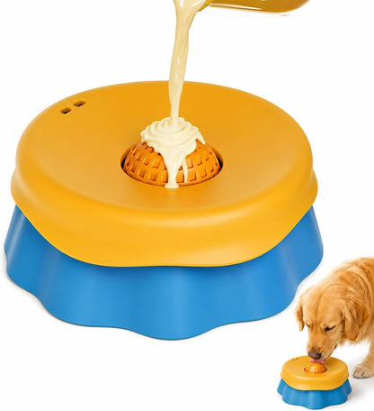 Slow Feeder Dog Bowl with Rolling Ball - 2-In-1 Silicone Dog Lick Bowl for Liquid Treats, Anti-Slip Interactive Licking Toy for Small Medium Large Dogs Cats, Food-Grade Easy Clean (Blue+Yellow)1