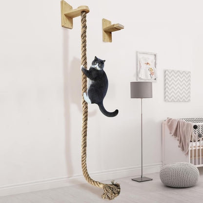 Cat Scratching Post Wall Mounted Climbing Rope Set – Double Platform, Sisal Rope, Space Saving, Easy Install, Multi-Level Cat Playground (Light Brown)1