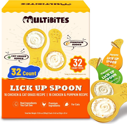 Lickable Cat Treats with Lick-Up Spoons, Healthy Wet Cat Snacks for Digestive Support, Grain-Free Kitten Treats with Taurine & Vitamins, Cat Grass & Pumpkin Variety Pack (32 Spoons)1